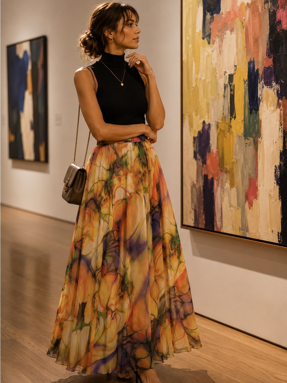 Chicwish Maxi Skirt Abstract Watercolor Print Sheer Overlay Lined Size XS
